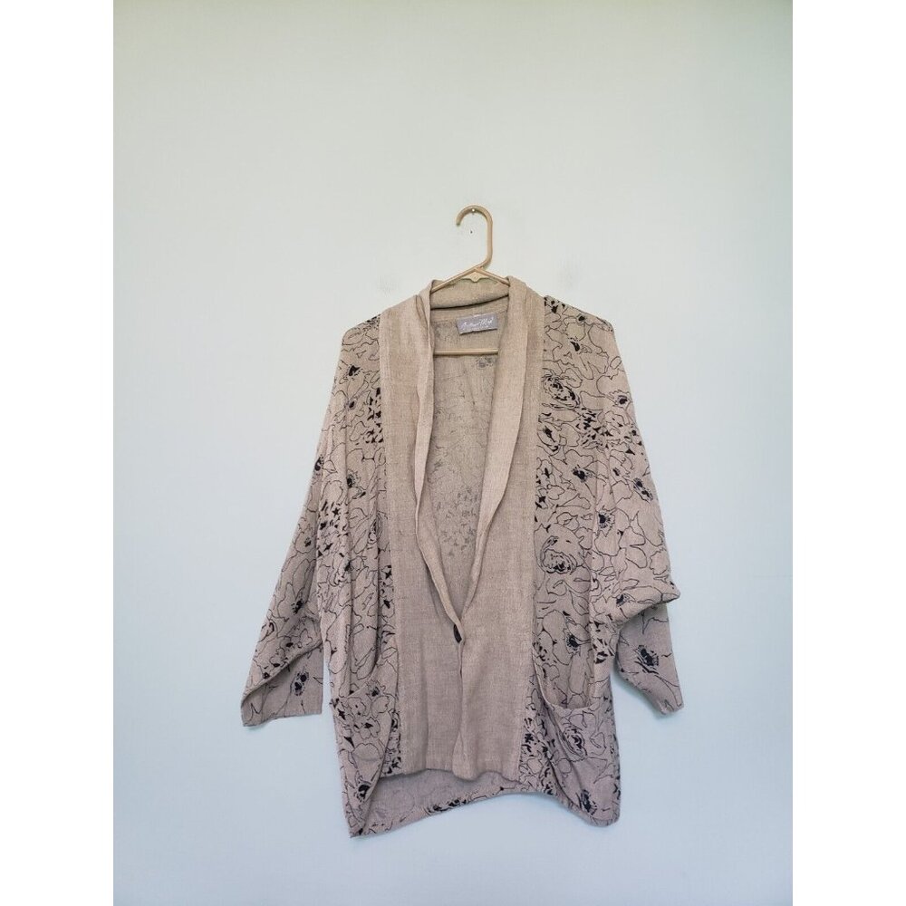 Arthur Max Sportswear Women XS Cardigan Tan Floral Cotton Rayon Jute Lagenlook